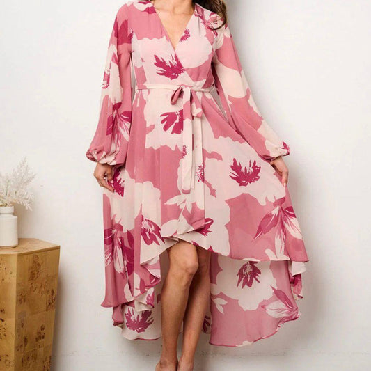 Paola self tie high-low floral print surpluses midi dress